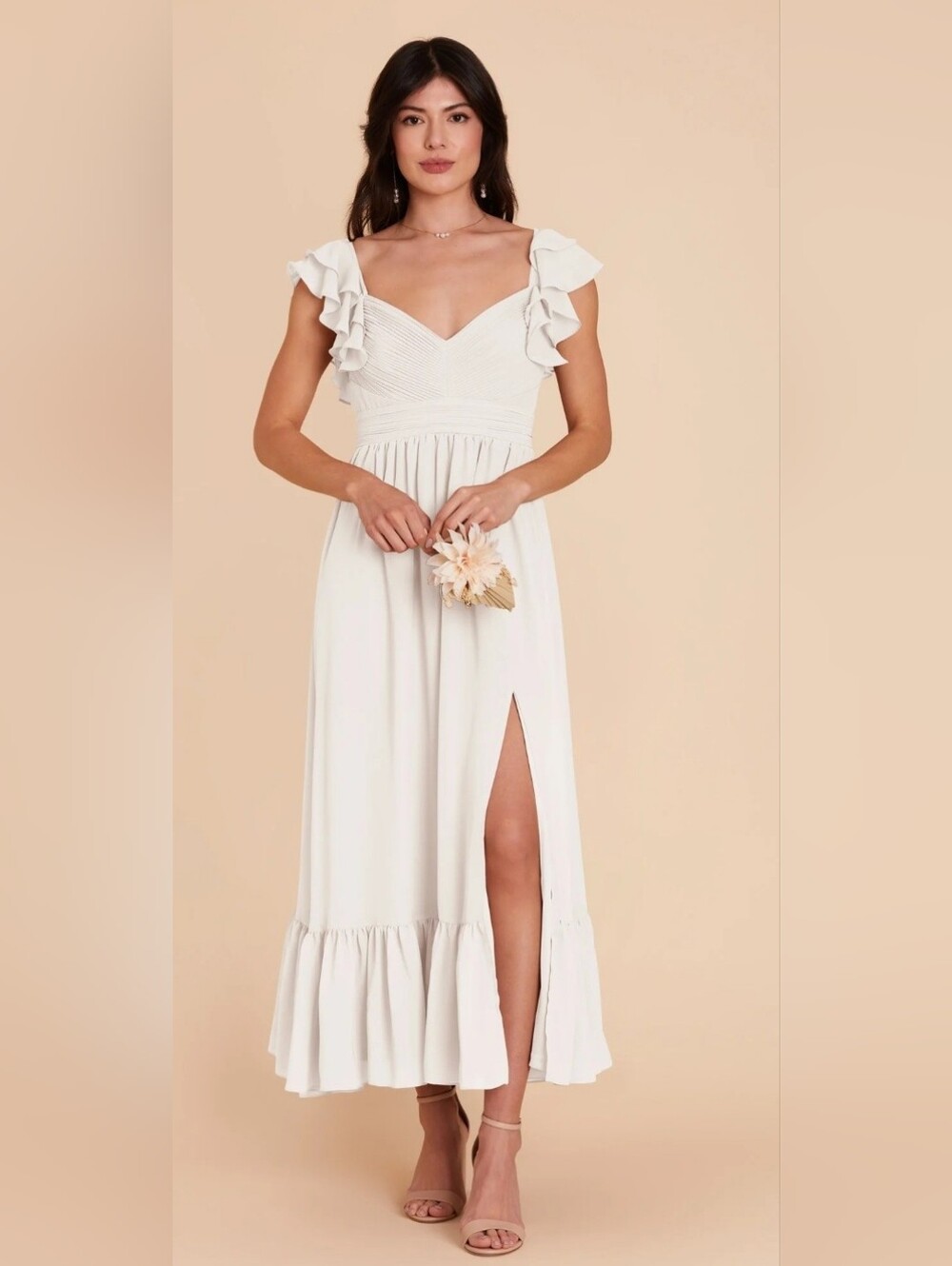 Size M - 🆕️ Birdy Grey White Chiffon Ruffled Maxi Dress with Side Slit